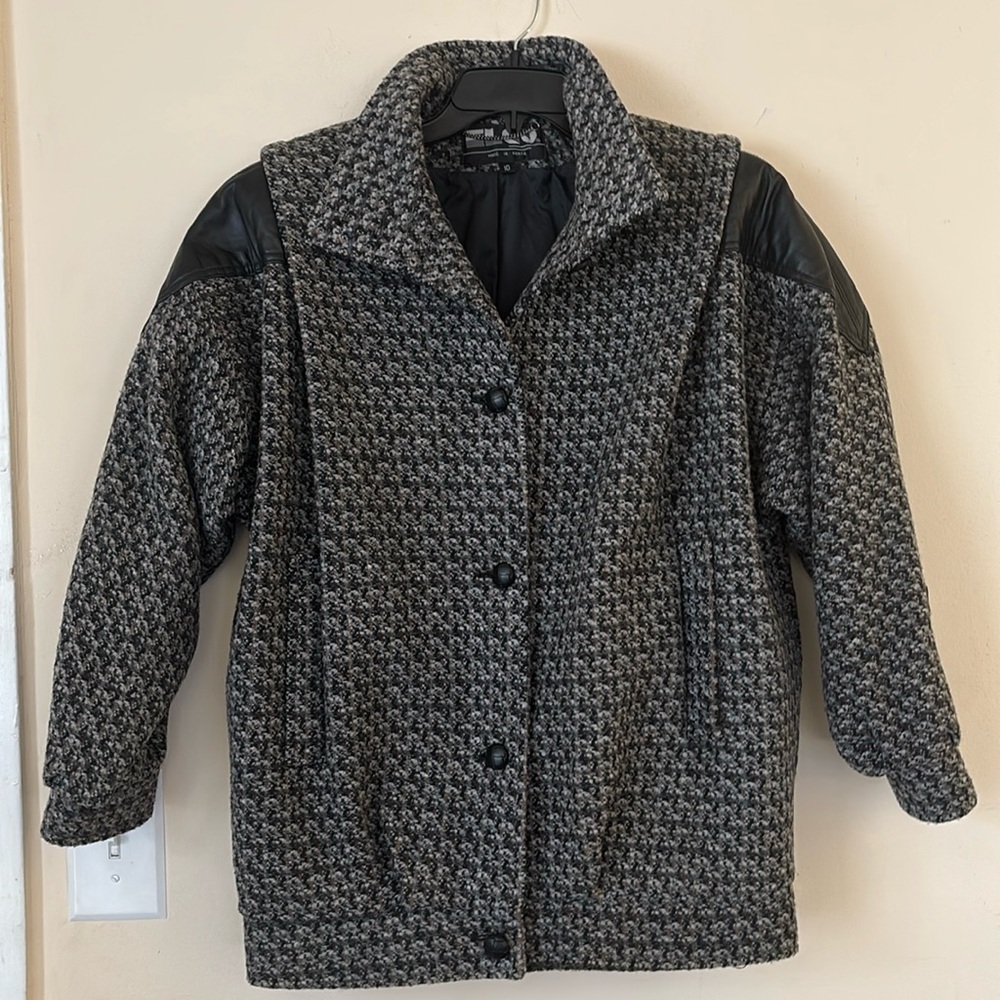 Vintage Elco Wool Blend And Leather Shoulder Details Gray Black Jacket Sz 10